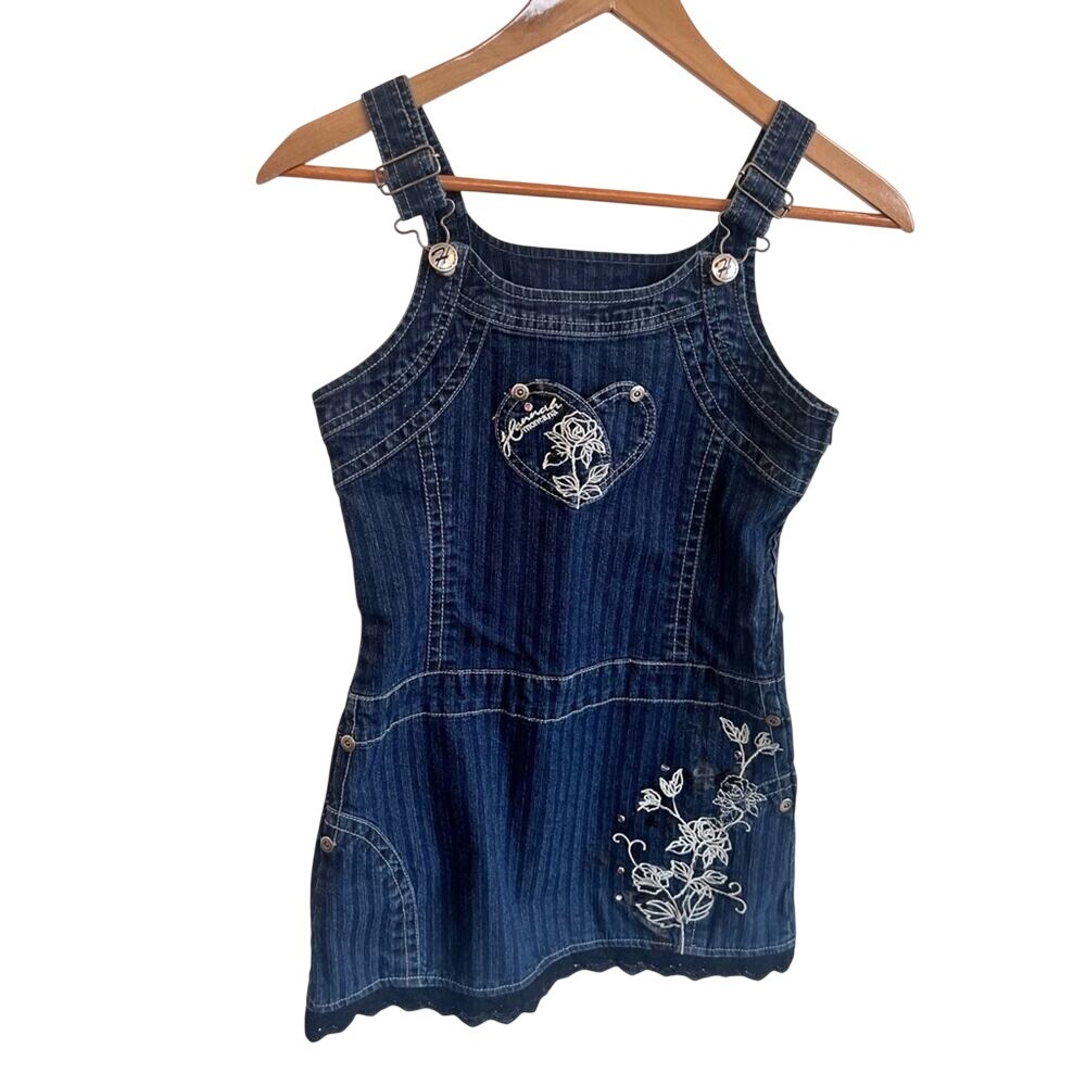 Y2K Hannah Montana Denim Jean Dress Y2K Embroidered Heart Girls sz 12